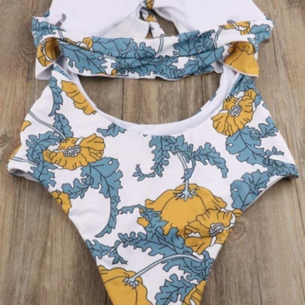 Monkini Suit Junior XL Gold Blue Floral Halter Tie Cut Out - Picture 5 of 12